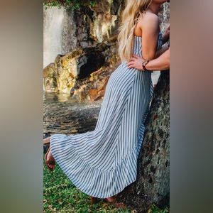 Olia Maxi White Blue Wrap Tie Striped Sleeveless Romper with Shorts - Size M